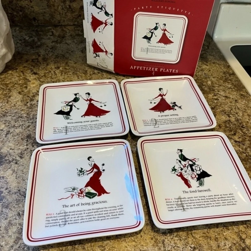 Williams Sonoma Party Etiquette Appetizer Plates Set of 4 NIB